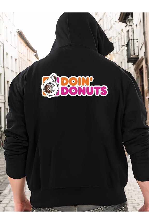 Men'S 'Doin' Donuts' Graphic Hoodie - Black Soft Blend Sweatshirt with Fun Donut Print & Adjustable Drawstring Hood, Casual & Gym Wear, Regular Fit Long Sleeve Pullover for Teens & Young Adults, Autu