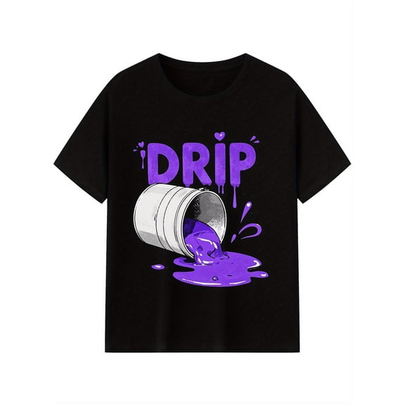 Men'S Drip Pattern T-shirt-Cotton round Neck% Comfort and Casual, Soft High Quality Style, Suitable for All Seasons, Black Purple Drop Paint Design, Knitted Cloth Knitted Fabric, Daily Comfort,