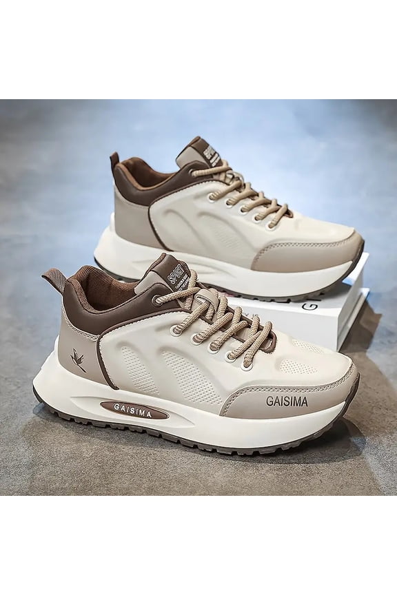 Men'S EVA Insole & Arch Support, PVC Sole - All-Season Casual Sneakers for Running Breathable Sneakers - Thick Cushioned Mid-Top Lace-Up Design, Beige/Black/White Colorway, Synthetic Upper