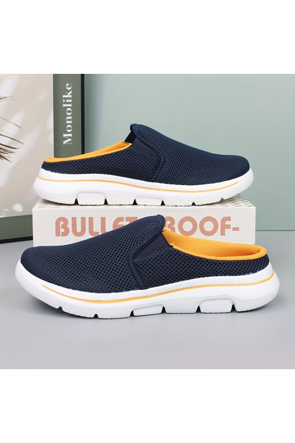 Men'S Extra Large Size, Ultra-Lightweight, Breathable & Comfortable Slip-On Mules - Soft Fabric Upper, Stylish Navy Blue with Orange Accents, Perfect for Indoor & Outdoor Use, All-Season Comfort
