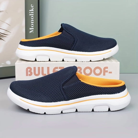 Men'S Extra Large Size, Ultra-Lightweight, Breathable & Comfortable Slip-On Mules - Soft Fabric Upper, Stylish Navy Blue with Orange Accents, Perfect for Indoor & Outdoor Use, All-Season Comfort