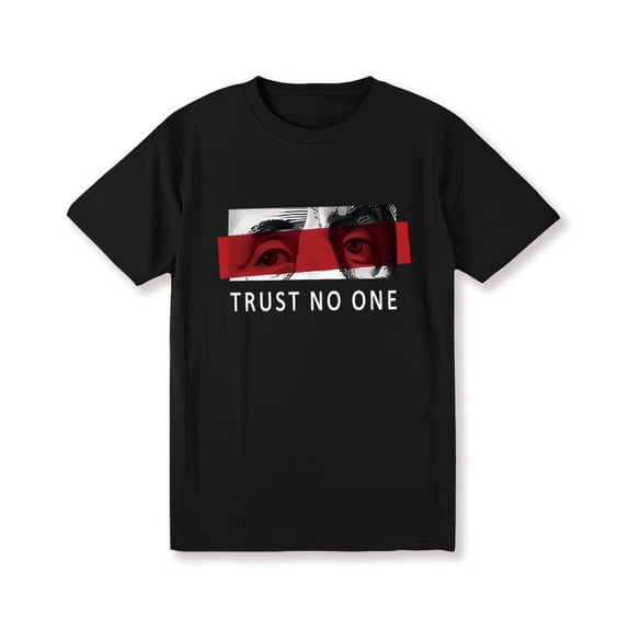 Men'S Extra Large "Trust No One" Graphic T-Shirt - Casual Cotton, Short Sleeve, Loose Version, Red And Black Stripe Design, Machine Washable, Large Size 100% Cotton -180G Print Pattern