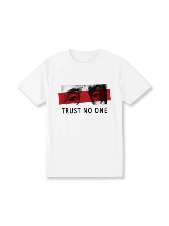 Men'S Extra Large "Trust No One" Graphic T-Shirt - Casual Cotton, Short Sleeve, Loose Version, Red And Black Stripe Design, Machine Washable, Large Size 100% Cotton -180G Print Pattern