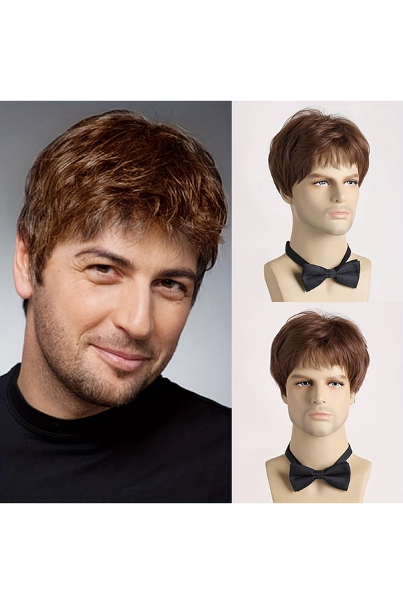 Men'S Fashion Curly Wave Wig, 10 Inch Mixed Color Synthetic Fiber, High Temperature Fiber, Rose Net Cap, 100% Density, for Daily Wear, Festivals, Cosplay, Halloween Costumes, Parties