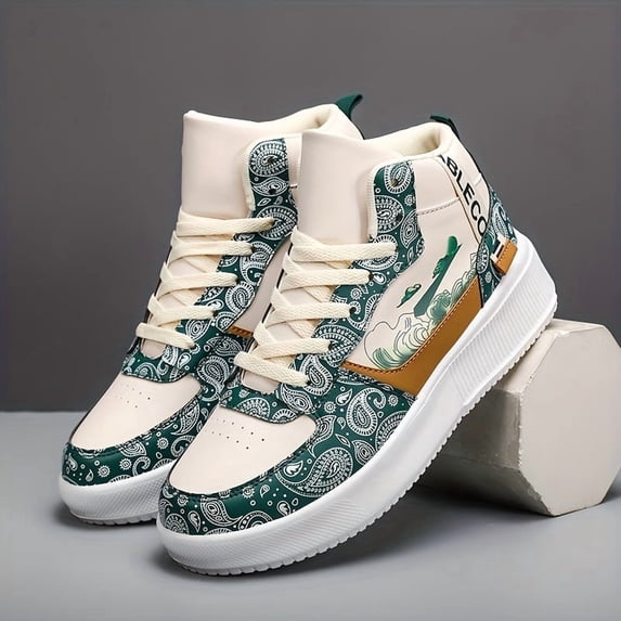 Men'S Fashion High-Top Skateboarding Sneakers - Stylish Chunky Sole, Casual Lace-Up Running Shoes, Letter Print, Durable EVA And Fabric, Four Seasons Outdoor Shoes, Outdoor Sneakers