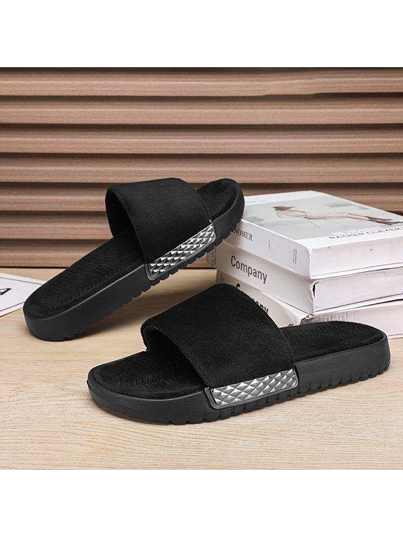 Men'S Fashion Minimalist Slippers - Solid Color Fabric Upper, Rubber Lining, TPR Sole, Cloth Insole, Round Toe, Non-Slip, Quiet, Lightweight, Warm Fleece Lining, Indoor/Outdoor Casual Slip-On Slides