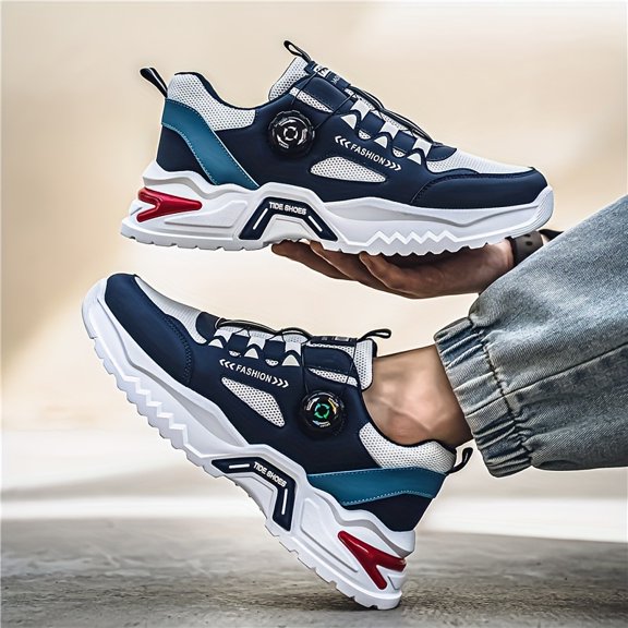 Men'S Fashionable And Versatile Four Season Mesh Breathable And Comfortable Sports Dad Shoes, Internet Famous Personality, Convenient Rotating Buttons, Elastic Band, Outdoor Running Shoes