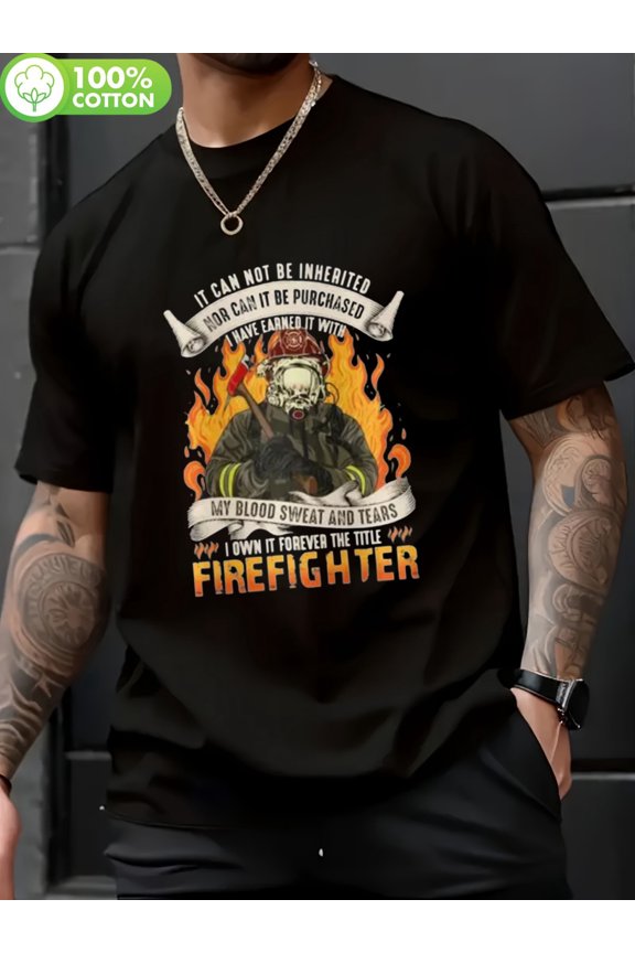 Men'S Firefighter Commemorative T-Shirt, Black Round Neck Tee Featuring an Inspirational Print, Machine Washable, Perfect for Casual Outfits & Summer Presents, Motivational Clothing
