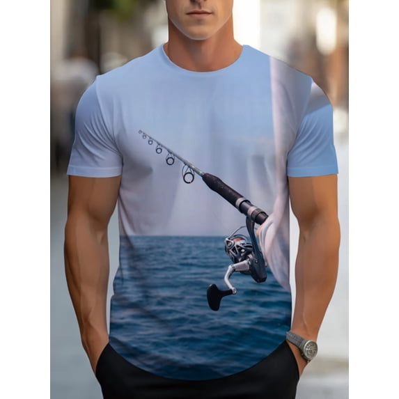 Men'S Fishing Graphic T-Shirt - Light Blue Casual Short Sleeve Tee with Realistic Fishing Scene, Comfortable & Stylish for Casual Attire, Perfect Gift for Anglers, Fishing Shirt