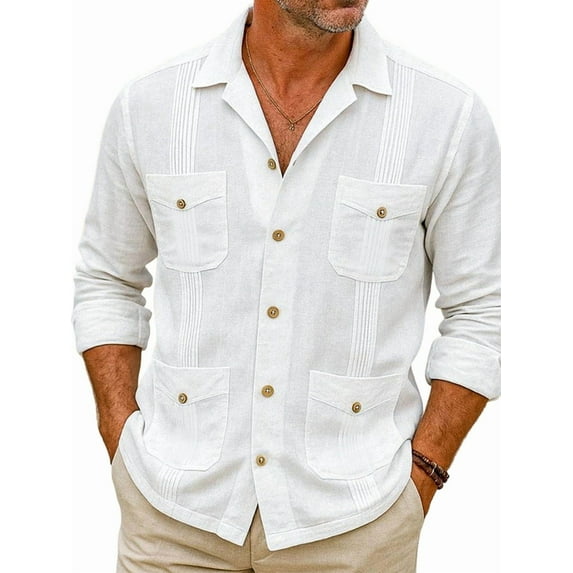 Men'S Four-Pocket Long Sleeve Guayabera Shirt, Pintuck Detail, Relaxed Fit White L