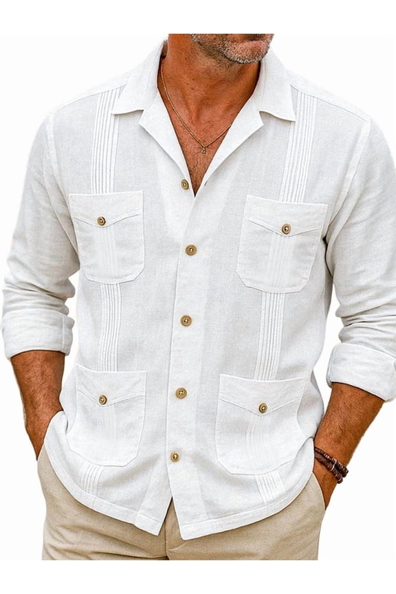 Men'S Four-Pocket Long Sleeve Guayabera Shirt, Pintuck Detail, Relaxed Fit White L