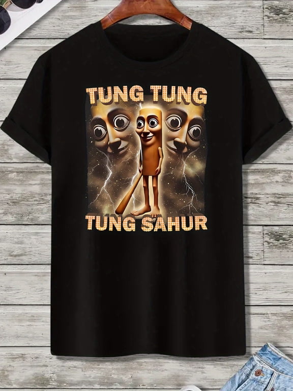 Men'S Funny Baseball Bat T-Shirt - "Tung Tung Tung Sahur" Cartoon Design, Black Short Sleeve Crew Neck, Casual Summer Tee for Adults, Humorous Gift Idea, Casual Attire Tee | Cartoon Graphic Tee