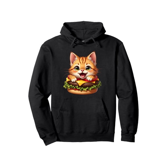 Men'S Funny Burger Cat Lover Hoodie - Cute Orange Tabby Kitten & Cheeseburger Graphic Pullover Sweatshirt, Warm Winter Fabric, All-Season Casual Wear, Funny Pet Owner Apparel with Burger Print (Black