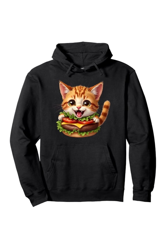 Men'S Funny Burger Cat Lover Hoodie - Cute Tabby Kitten & Cheeseburger Graphic Pullover Sweatshirt, Soft Poly- Blend (50/50), S-XXXL Sizes, Black Casual Hooded Sweatshirt for Casual Attire & Themed E