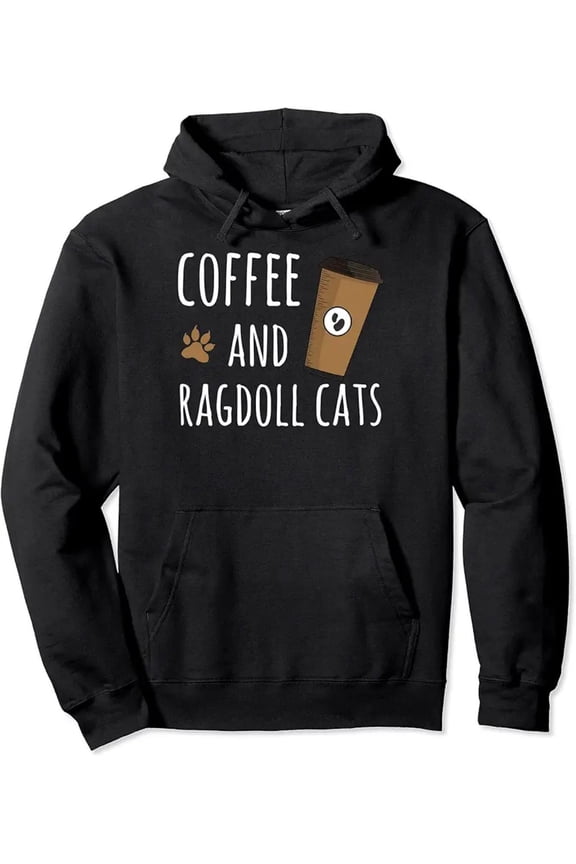 Men'S Funny Coffee & Ragdoll Cats Graphic Hooded Sweatshirt - Soft Pullover Hoodie with Pocket, Relaxed Fit All-Season Comfort, Black with White Ragdoll Cat & Coffee Cup Design, Casual Cat Lover Appa