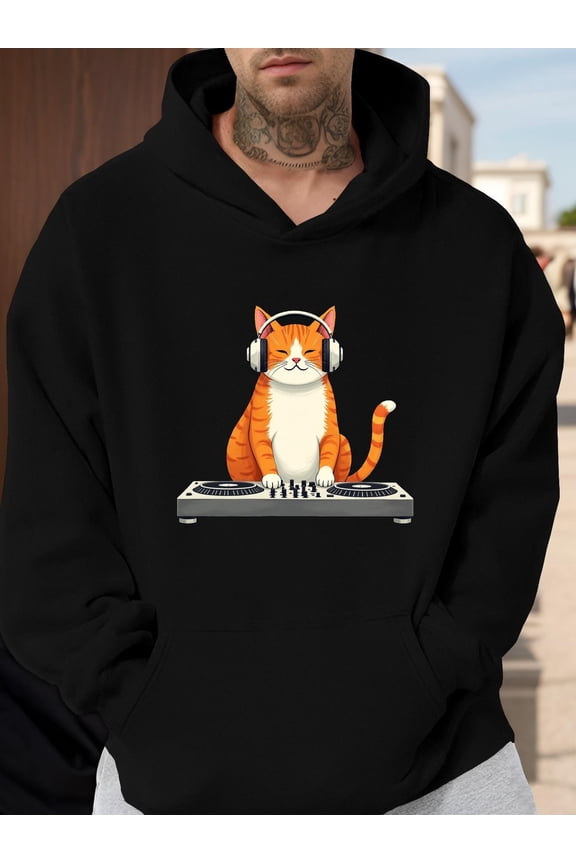 Men'S Funny DJ Cat Graphic Hoodie - Black Music Lover Sweatshirt with DJ Cat & Headphones Print, Loose Fit Pullover, Machine Washable Durable Fabric, All-Season Casual Wear for DJs & EDM Fans, Comfor