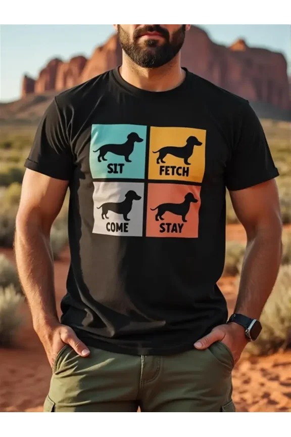 Men'S Funny Dog Trainer Shirt - Sit, Fetch, Come, Stay Commands - Black Tee with Orange & Blue Graphics - Breathable Casual Everyday & Training Apparel - Perfect Gift for Dog