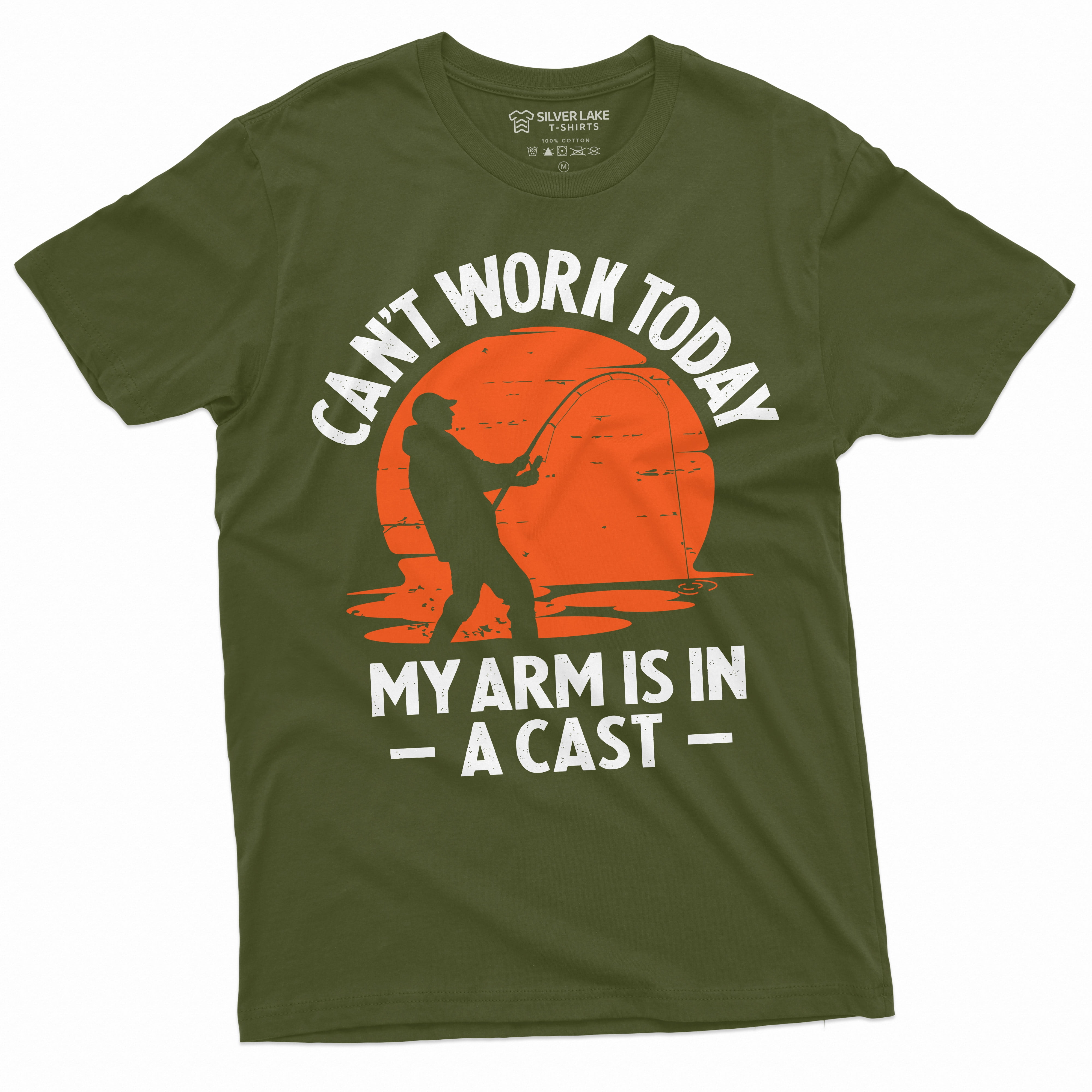 Men'S Funny Fishing T-Shirt Can'T Work Today My Arm Is In A Cast Novelty  Tee Shirt (Medium Military Green) 