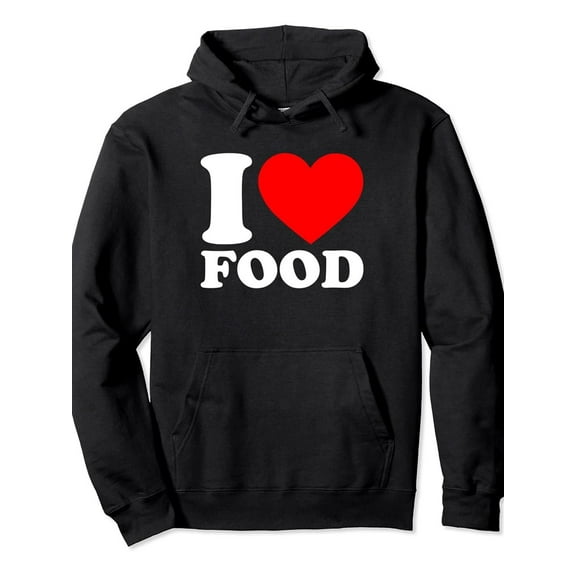 Men'S Funny Food Lover Hoodie - Black Sweatshirt with Bold "I Love Food" Red Heart Graphic - Heavyweight Pullover Hoodie for Cooking, Eating Out, Casual Casual Attire - Machine Washable Hooded Sweate