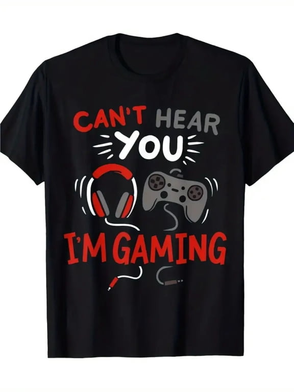 Men'S Funny Gaming T-Shirt with "Can't Hear You I'm Gaming" Slogan & Headphones/Controllers Graphic - Soft Stretch Fabric, All-Season Comfort, Casual Round Neck Short Sleeve Tee for Gamers