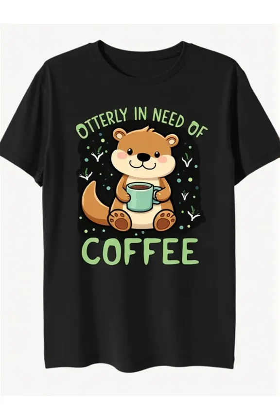Men'S Funny "Otterly in Need of Coffee" Graphic T-Shirt - Black Shirt with Cute Otter Drinking Cup Design - Soft Everyday Casual Tee for Coffee Lovers - All-Season Comfort Fit