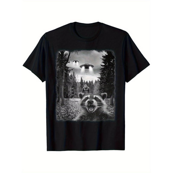 Men'S Funny Sasquatch Raccoon Graphic T-Shirt, Casual Round Neck Short Sleeve Tee with UFO Design