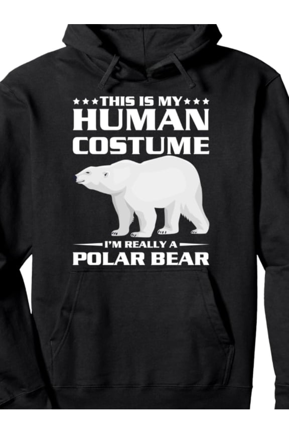 Men'S Funny "This Is My Human Costume I'm Really a Polar Bear" Graphic Hoodie - Black with White Polar Bear Print, Adjustable Hood & Kangaroo Pocket, Warm Winter Pullover Sweatshirt for Themed Partie