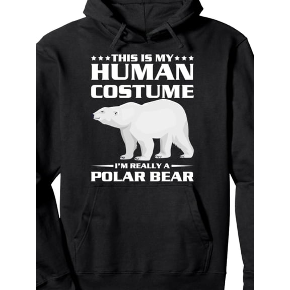 Men'S Funny "This Is My Human Costume I'm Really a Polar Bear" Graphic Hoodie - Black with White Polar Bear Print, Adjustable Hood & Kangaroo Pocket, Warm Winter Pullover Sweatshirt for Themed Partie