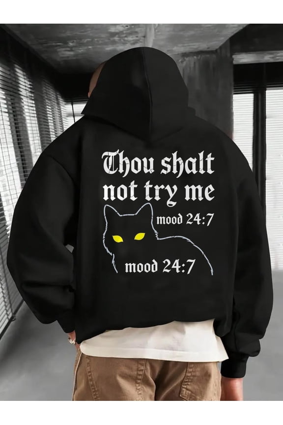 Men'S Funny "Thou Shall Not Try Me" Gothic Cat Hoodie - Humorous Back Print Sweatshirt with Grumpy Tabby Cat Design, Loose Fit Streetwear Pullover, Machine Washable Hooded Sweater for Gothic Costume