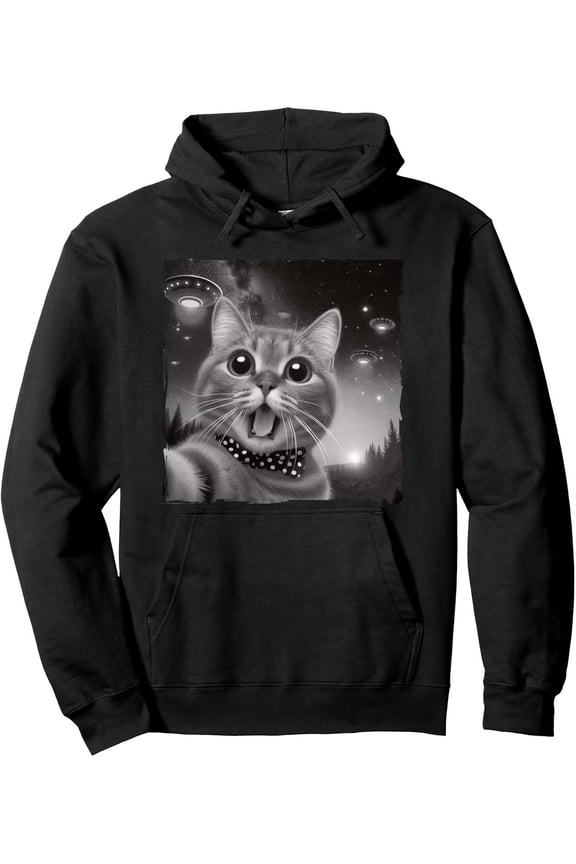 Men'S Funny UFO Alien Abduction for cat Selfie Hooded Sweatshirt - Alien & for cat Graphic Pullover Hoodie, Long Sleeve Casual Sweater for Cat Lovers