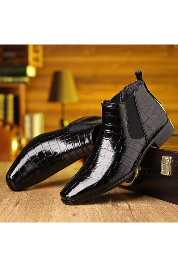 Men'S Genuine Crocodile-Embossed Chelsea Boots - Glossy Slip-On Ankle Boots with Pointed Toe, Business Formal Luxury Dress Shoes, All-Season Durable Rubber Sole & Synthetic for Office, Wedding, Party