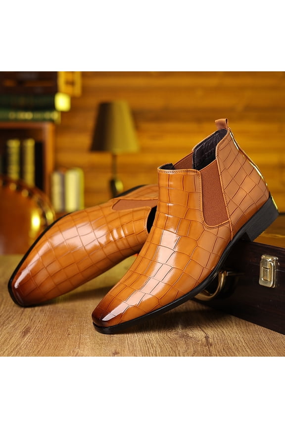 Men'S Genuine Crocodile-Embossed Chelsea Boots - Glossy Slip-On Ankle Boots with Pointed Toe, Business Formal Luxury Dress Shoes,  Synthetic for Office, Wedding, Part& All-Season Durable Rubber Sole