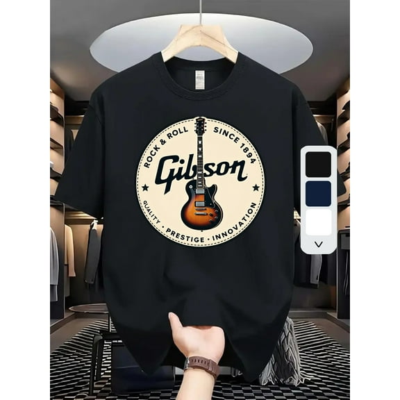 Men'S Gibson Style Print Cotton T-Shirt - Navy Blue Retro Guitar Pattern, Micro-Stretch Knit Fabric, Regular Fit Summer Casual Music Lover Essential, Durable Daily Wear