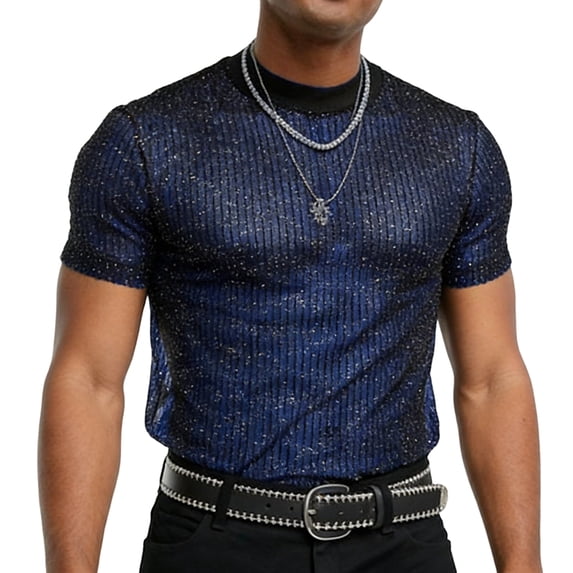 Men'S Glitter Mesh Sheer T Shirt Rave See Through Shirt Short Sleeve Top Tee Blue M
