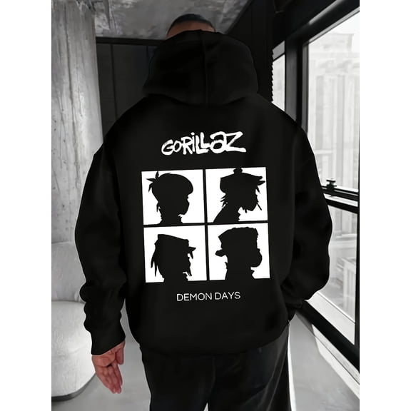 Men'S Gorillaz Graphic Hoodie - Black Pullover Sweatshirt with Adjustable Drawstring Hood, Streetwear for Concerts, Everyday - Machine Washable Polyester Hooded Sweatshirt