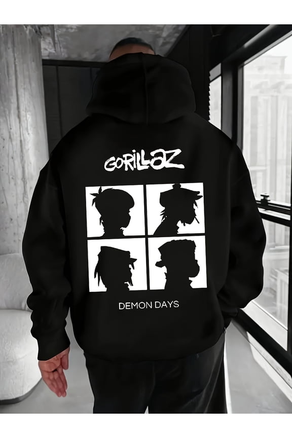 Men'S Gorillaz Graphic Hoodie - Black Pullover Sweatshirt with Adjustable Drawstring Hood, Streetwear for Concerts, Everyday - Machine Washable Polyester Hooded Sweatshirt