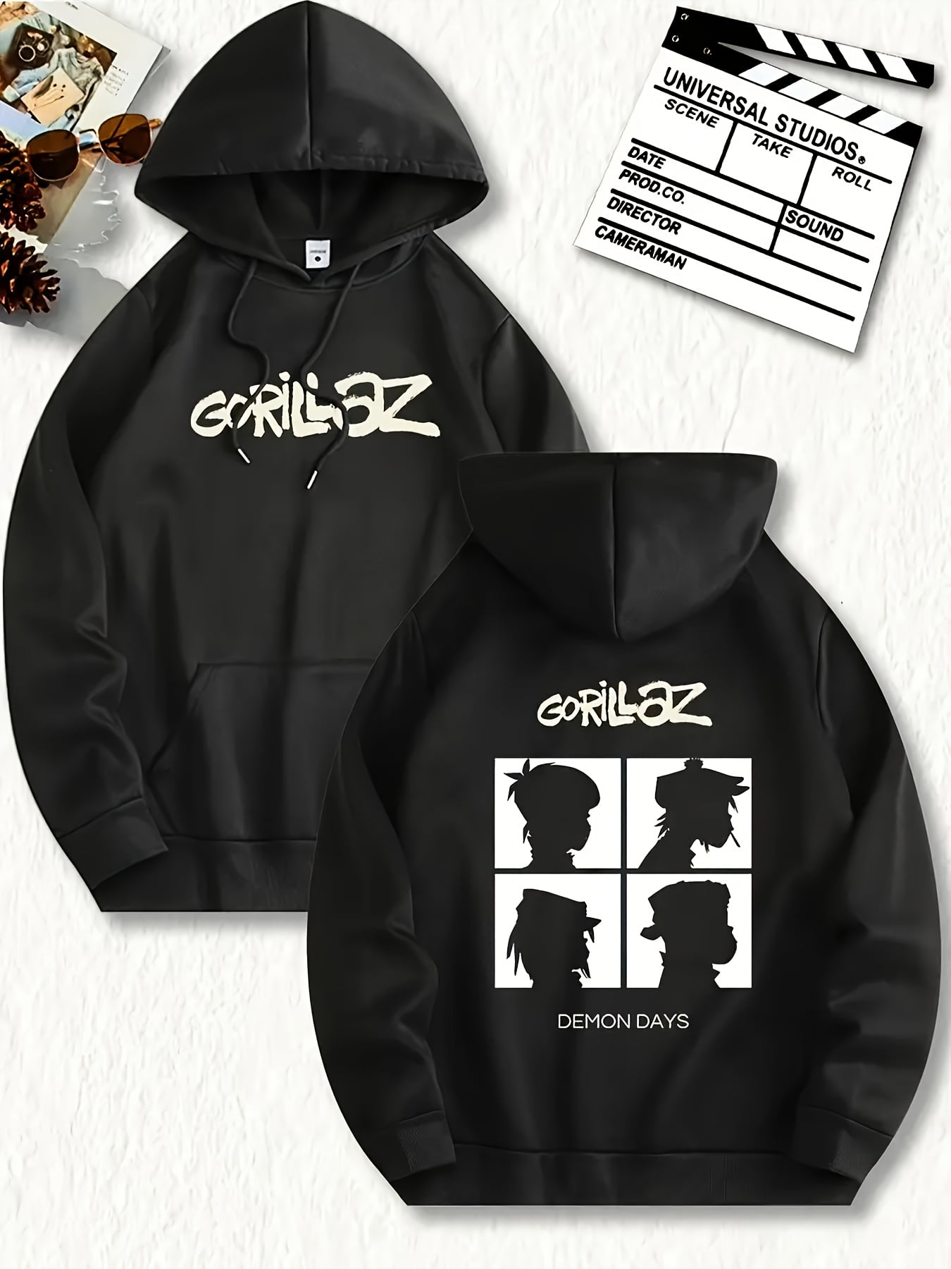 Men'S Gorillaz Graphic Hoodie - Black Pullover Sweatshirt with Adjustable Drawstring Hood, Streetwear for Concerts, Everyday & Themed Events - Machine Washable Polyester Hooded Sweatshirt