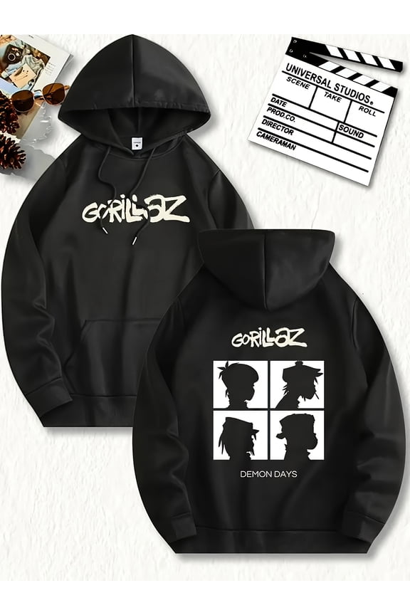Men'S Gorillaz Graphic Hoodie - Black Pullover Sweatshirt with Adjustable Drawstring Hood, Streetwear for Concerts, Everyday & Themed Events - Machine Washable Polyester Hooded Sweatshirt