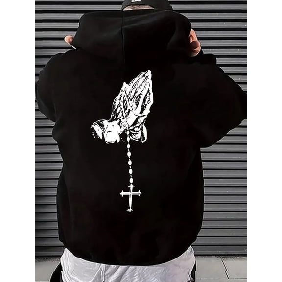 Men'S Gothic Angel Wing & Cross Print Hooded Sweatshirt - Long Sleeve Casual Pullover with Pocket, Regular Fit, Spring/Autumn Edgy Streetwear & Everyday Comfort