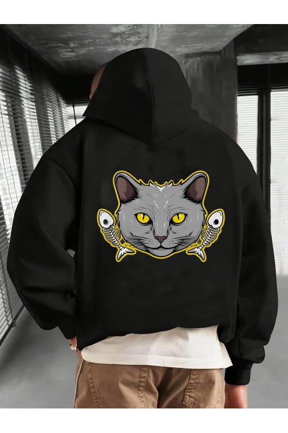 Men'S Gothic Black Cat & Crossbones Graphic Hooded Sweatshirt - Relaxed Fit Heavyweight Pullover Hoodie with Pocket, Machine Washable Fall Winter Warmth, Edgy Casual Streetwear for Men, Gothic Style