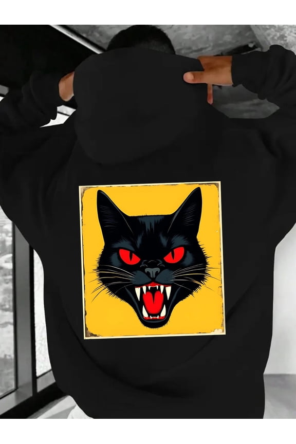 Men'S Gothic Black Cat & Glowing Red Eyes Hooded Sweatshirt - Loose Fit Streetwear Pullover with Front Pocket, Edgy Alternative Style Hoodie for Halloween, Casual & Casual Attire, Durable Comfortable