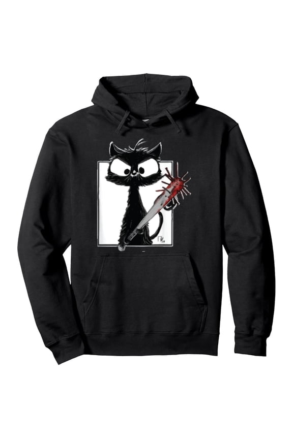 Men'S Gothic Horror Hooded Sweatshirt - Heavyweight 250gsm Pullover Hoodie with Blood Splatter Knife & Black Cat Design, All-Season Casual Sweater for Halloween