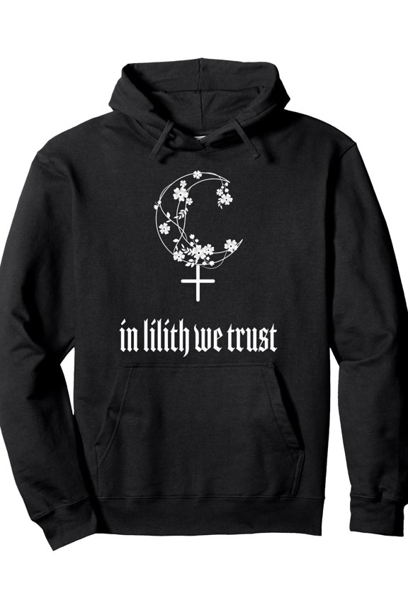 Men'S Gothic Lilith Devil Dark Magic Hooded Sweatshirt - 430gsm Heavyweight Pullover with "In Lilith We Trust" Feminist Statement Design, Crescent & Floral Art, Adjustable Hood, Loose Fit Casual Wint