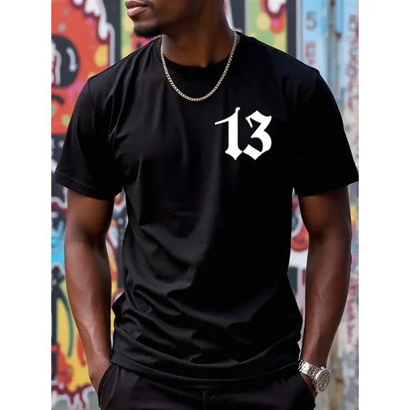 Men'S Gothic Number 13 Graphic T-Shirt - Bold White Print on Black Tee, Lightweight Everyday Streetwear Essential for Concerts, Parties & Casual Outfits - All-Season Comfort