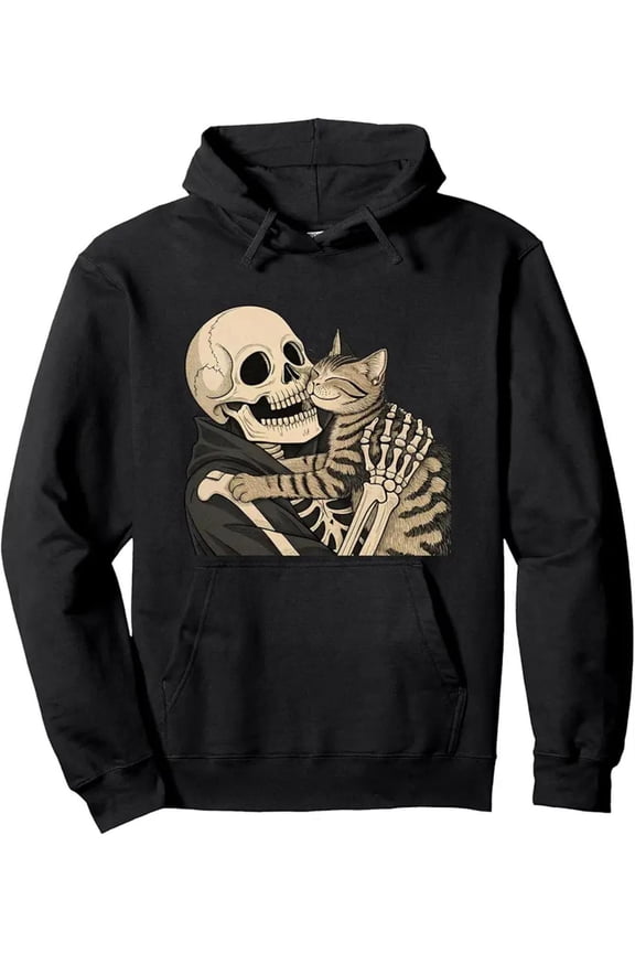 Men'S Gothic Skeleton & Cat Print Hooded Sweatshirt - Black with Beige Spooky Kitten & Bone Graphic, Long Sleeve Pullover Hoodie with Front Pocket, Non-Stretch Durable Fabric, Regular Fit All-Season