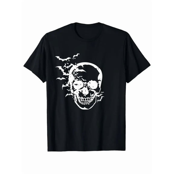 Men'S Gothic Skull & Bats Graphic T-Shirt - Black Heavyweight Short Sleeve Tee with Gothic Skull & Bat Wing Design, Round Neck, All-Season Comfort Fit for Halloween Parties