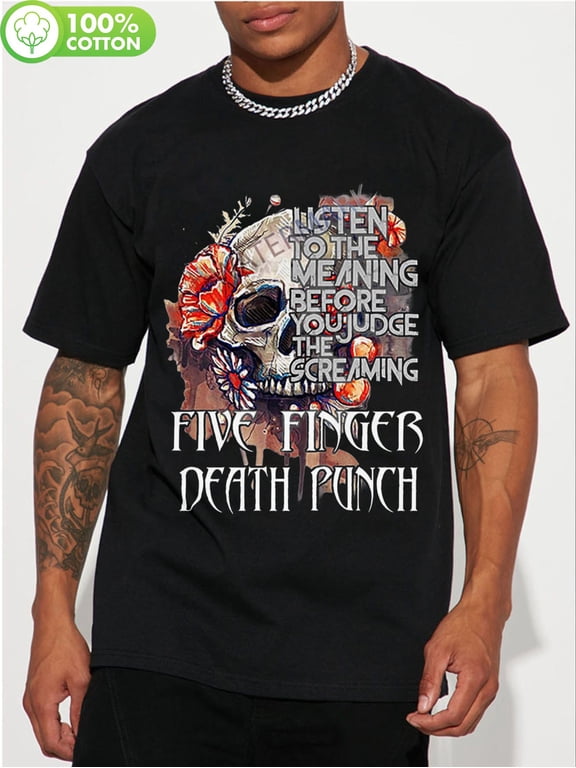 Men'S Graphic Tee by Five Finger Death Punch - Made from Soft 100%, Featuring a Casual Crew Neck And Short Sleeves, with a Striking Black Skull And Floral Design. It Includes The Phrase