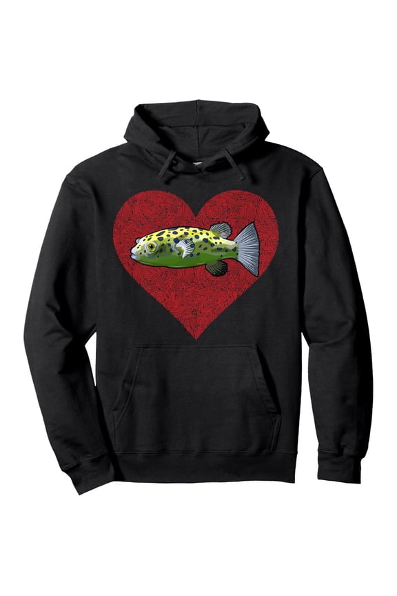 Men'S Green Spotted Fish Valentine'S Day Hoodie - Black with Red Heart & Fish Print, Durable Warm Pullover Sweatshirt, Casual All-Season Hooded Sweater for Men,