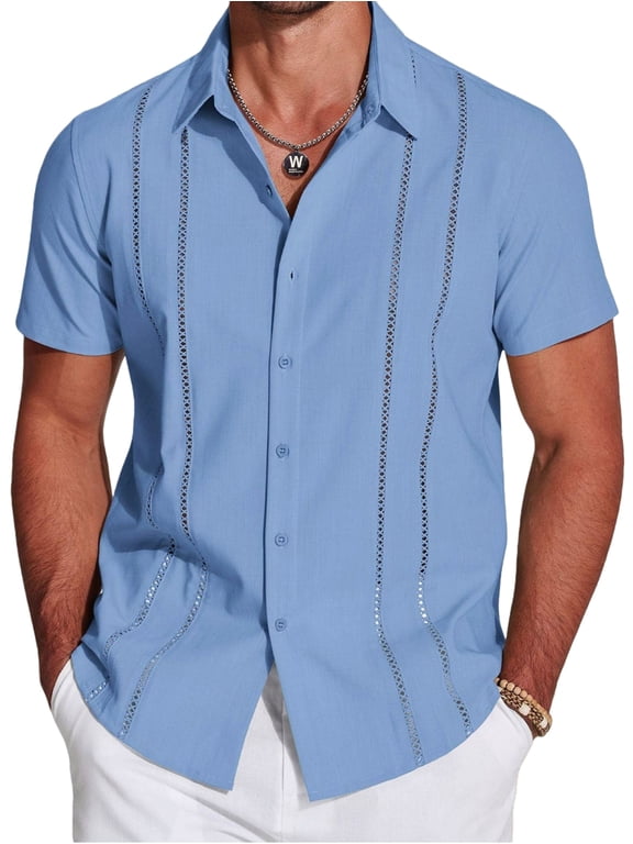 Men'S Guayabera Shirt Short Sleeve Button Down Shirts Casual Summer Beach Linen Shirts Blue XXL
