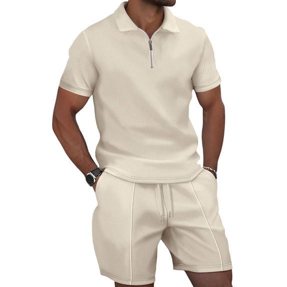 Men'S Half Zip for . Short Sleeve Shirt and Drawstring Shorts Two Piece Outfit Khaki XXXL